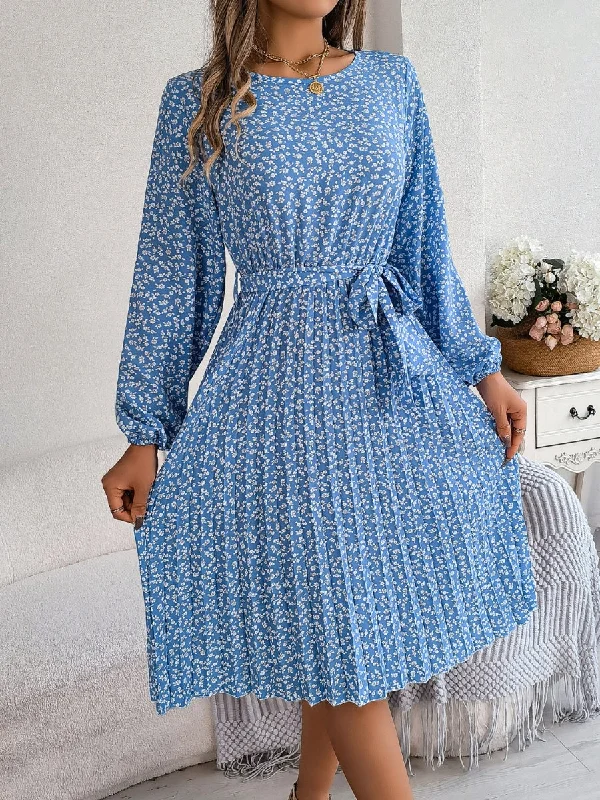 Blue Zone Planet |  Ditsy Floral Tie Waist Pleated Dress Tunics Fall fleece