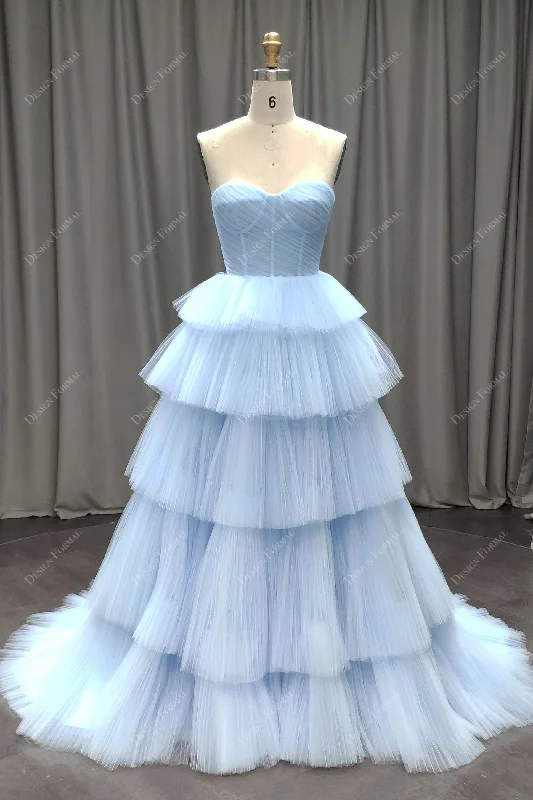 Sky Blue Tiered Pleated Tulle Elegant Corset Long Dress A-Line Day Work