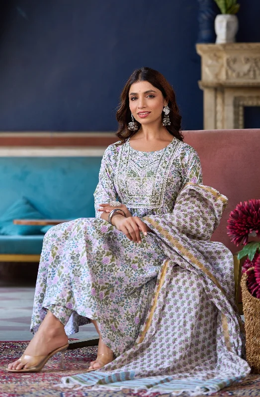 NOZ2TOZ Women Light Green, Purple, White Printed Viscose Rayon Kurta, Pant And Dupatta Set High-Waist Trousers NOZ2TOZ Women Light Green, Purple, White Printed Viscose Rayon Kurta, Pant And Dupatta Set High-Waist Trousers