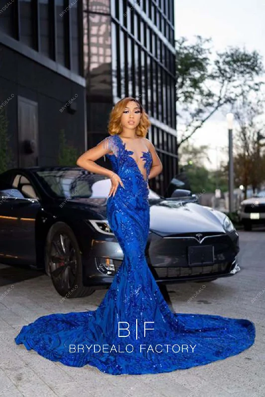 Asymmetrical Plunging Sleeveless Royal Blue Sequin Mermaid Prom Dress Tunics Modern contemporary Asymmetrical Plunging Sleeveless Royal Blue Sequin Mermaid Prom Dress Tunics Modern contemporary