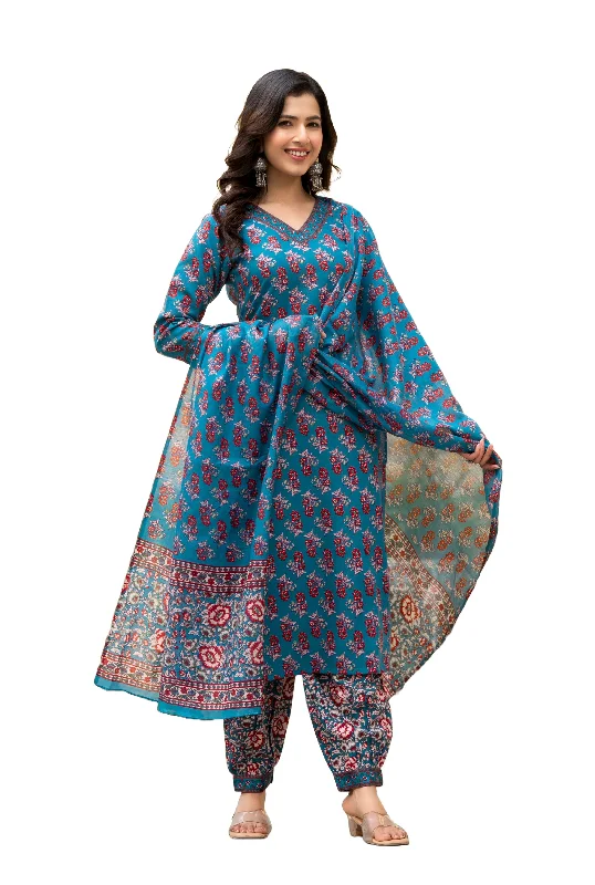 NOZ2TOZ Women Blue Floral Print, Embellished Viscose Rayon Kurta, Pant And Dupatta Set Formal Linen Trousers NOZ2TOZ Women Blue Floral Print, Embellished Viscose Rayon Kurta, Pant And Dupatta Set Formal Linen Trousers