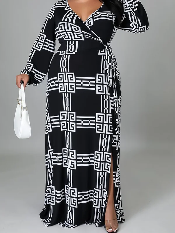 Plus Size Women's digital printing sexy waist up large swing dress Tunics Fall fleece