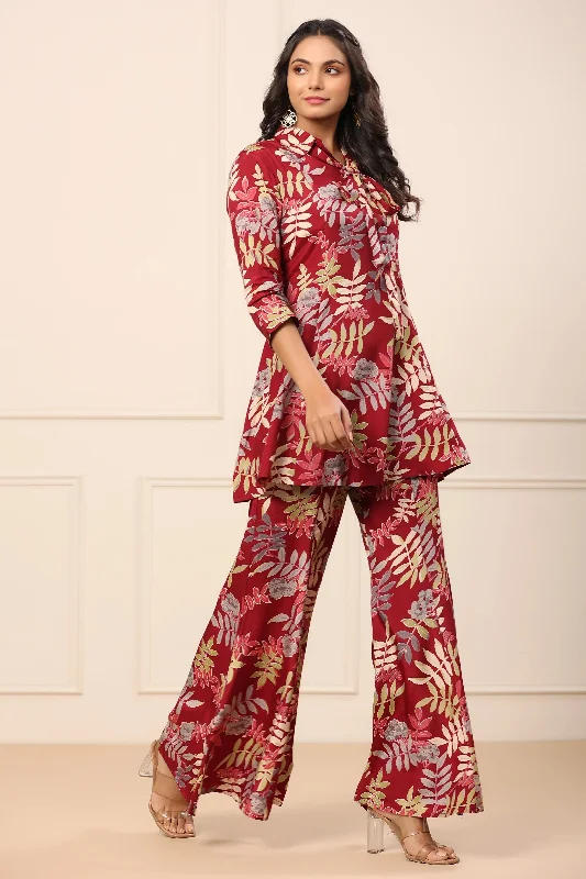 NOZ2TOZ Women Red Printed Viscose Rayon Kurta And Pant Set Comfortable Fleece Pants