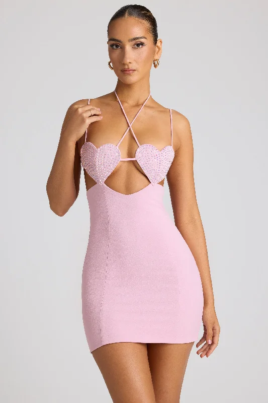Embellished Heart Cup Detail Mini Dress in Soft Pink Comfortable Wrap Mini Dress