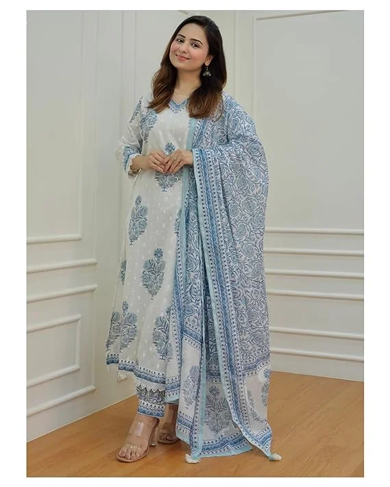 NOZ2TOZ Women Blue Printed Viscose Rayon Kurta, Pant And Dupatta Set Cozy Knit Pants NOZ2TOZ Women Blue Printed Viscose Rayon Kurta, Pant And Dupatta Set Cozy Knit Pants