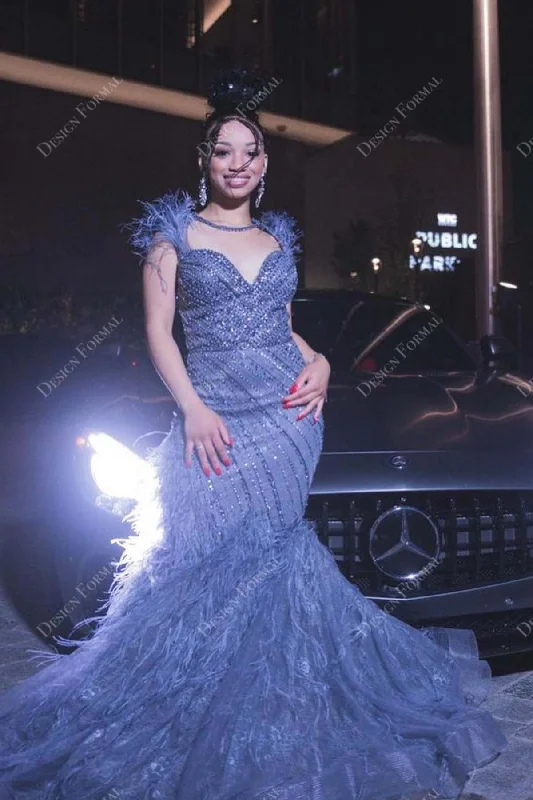 Blue Sequin Feather Designer Sweetheart Mermaid Prom Dress Tunics Wedding white
