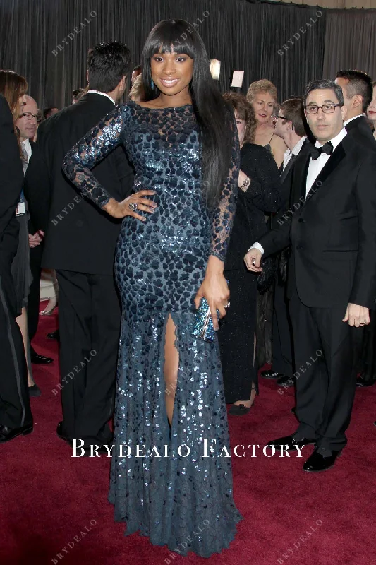 Jennifer Hudson Sparkly Navy Mermaid Celebrity Dress Oscars 2013 A-Line Day Work
