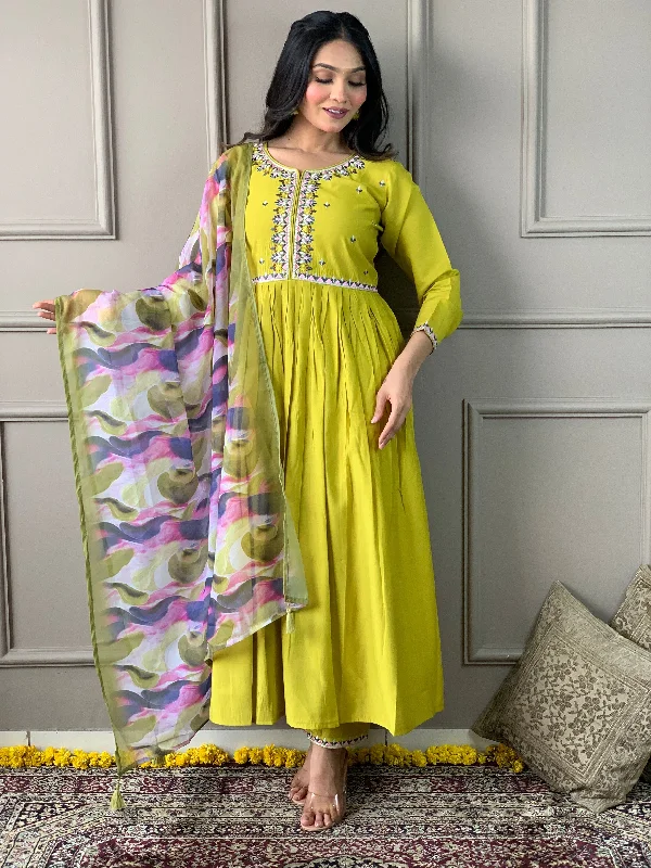 NOZ2TOZ Women Party Wear Embroidery Worked Kurta With Pant And Dupatta Set - Lemon Yellow Elegant Silk Pants NOZ2TOZ Women Party Wear Embroidery Worked Kurta With Pant And Dupatta Set - Lemon Yellow Elegant Silk Pants