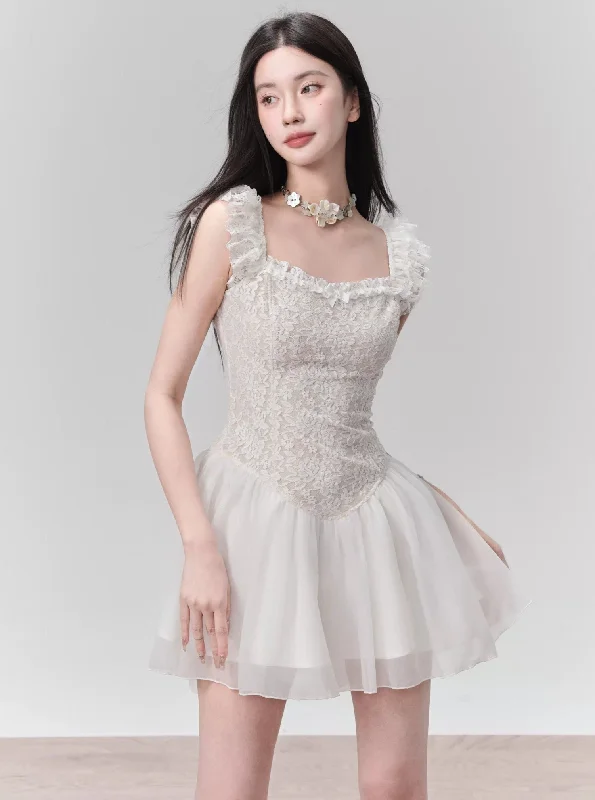 Lace Bodice Tulle Skirt Mini Dress with Ruffle Straps Comfortable One-Shoulder Mini Dress