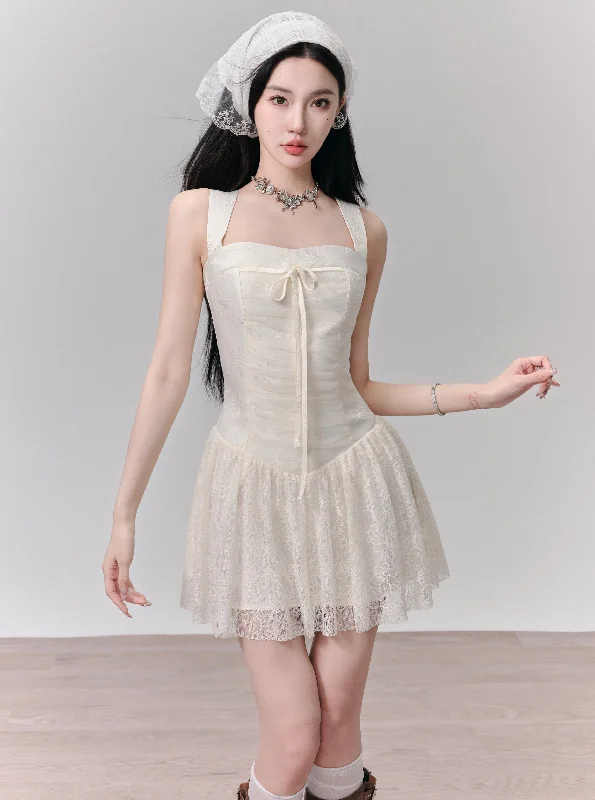 Romantic White Lace Halter Mini Dress with Front Tie Chic Halter Mini Dress