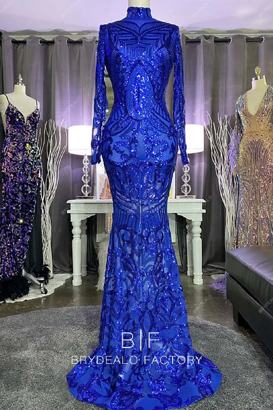 Royal Blue Sequin Turtle Neck Sheer Sleeve Fit and Flare Prom Dress Tunics Versatile stylish Royal Blue Sequin Turtle Neck Sheer Sleeve Fit and Flare Prom Dress Tunics Versatile stylish