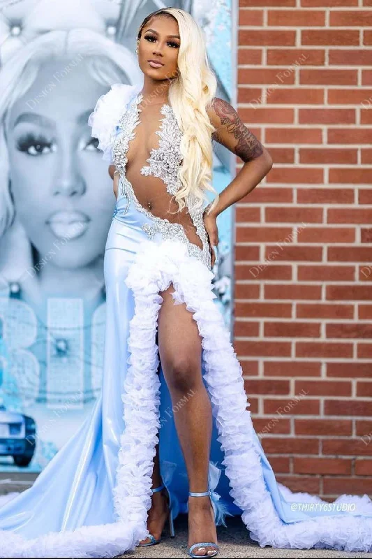 Sky Blue Metal Spandex Sexy Cutout Tulle Slit Custom Mermaid Prom Dress Tunics Sale discount Sky Blue Metal Spandex Sexy Cutout Tulle Slit Custom Mermaid Prom Dress Tunics Sale discount