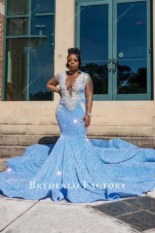 Plus Size Blue Sequin Plunging Neck Tassel Long Train Mermaid Dress Tunics Floral girly