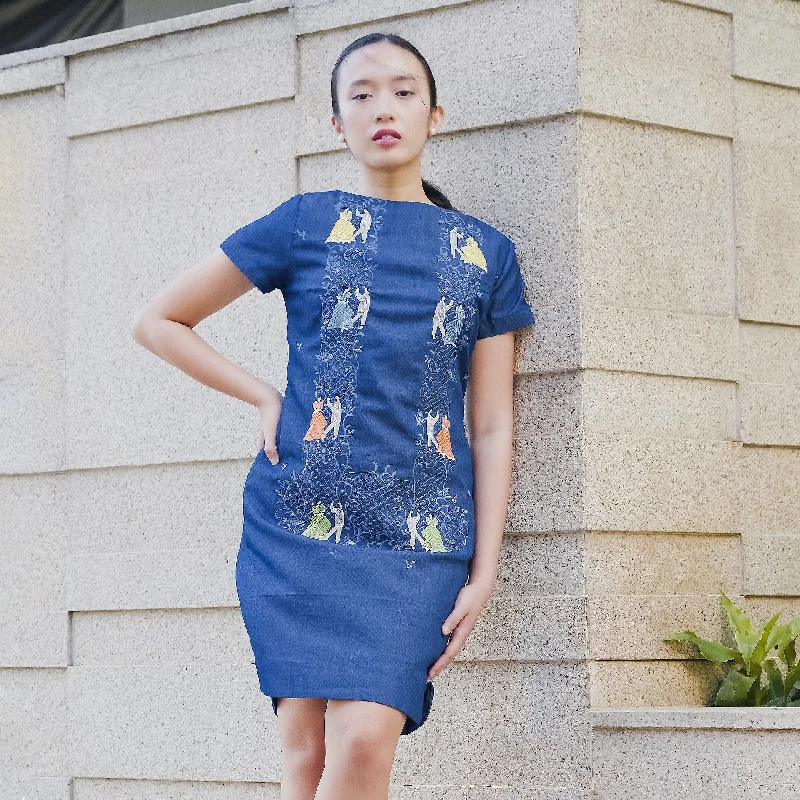 Dark Denim Amboy Short Sleeves Dress w/Pitchera Waltz Embroidery Tunics Fleece cozy