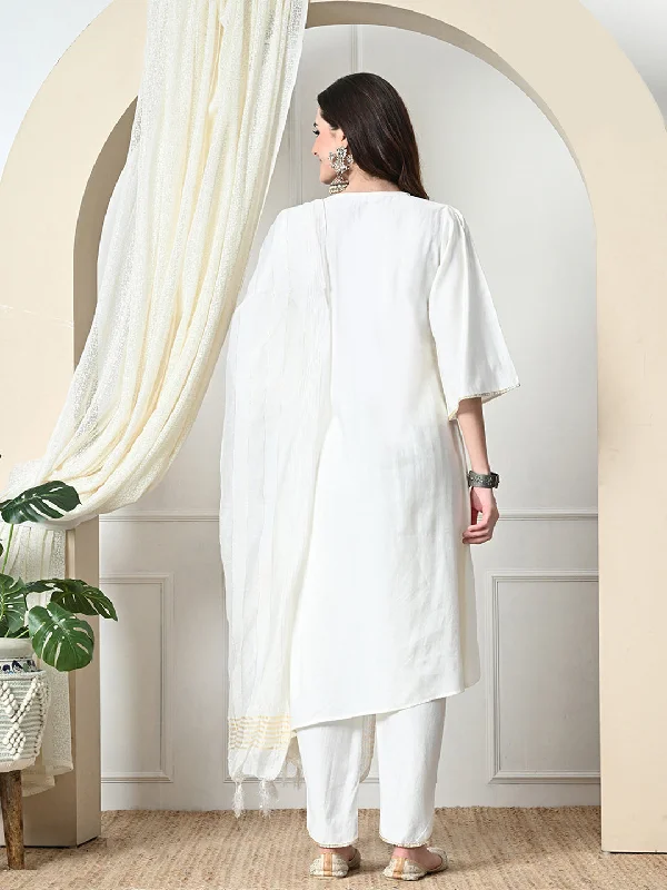 Myshka Women's Embroidered V-Neck Bell Sleeves Kurta & Dhoti Pants With Dupatta Sets in White Color Comfy Athletic Pants Myshka Women's Embroidered V-Neck Bell Sleeves Kurta & Dhoti Pants With Dupatta Sets in White Color Comfy Athletic Pants