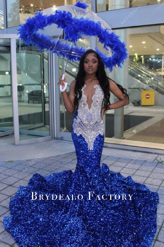 Dazzling Rhinestone Plunging Neck Blue Mermaid Prom Dress Boatneck Modish Everyday