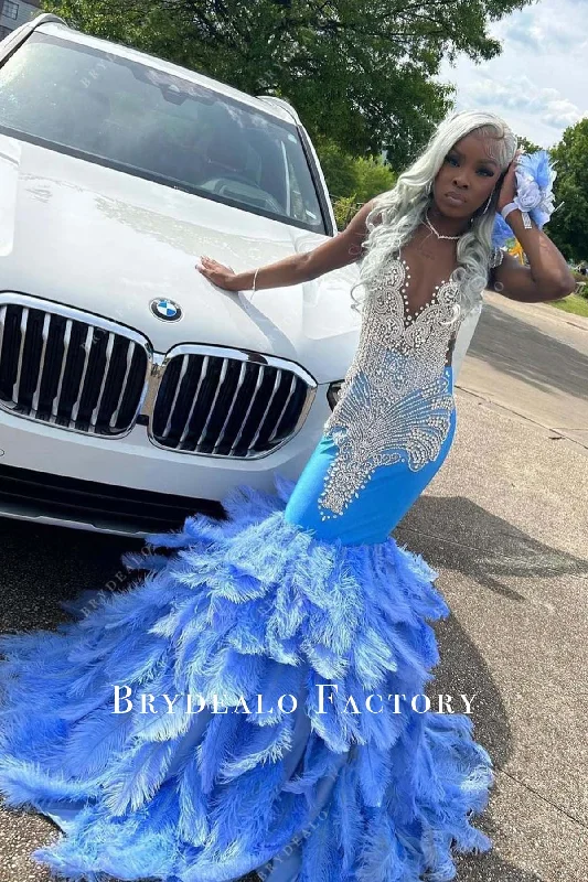 Rhinestones Plunging Neck Blue Feathers Trumpet Prom Dress Off-the-shoulder Chic Trendy