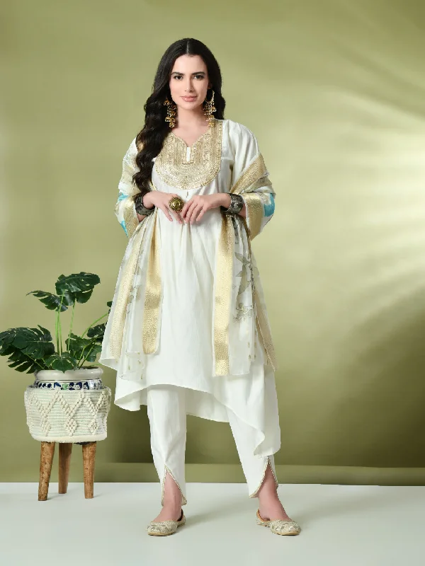 Myshka Women's Embroidered V-Neck Bell Sleeves Kurta & Dhoti Pants With Printed Dupatta Sets in White Color Modern Bootcut Pants Myshka Women's Embroidered V-Neck Bell Sleeves Kurta & Dhoti Pants With Printed Dupatta Sets in White Color Modern Bootcut Pants