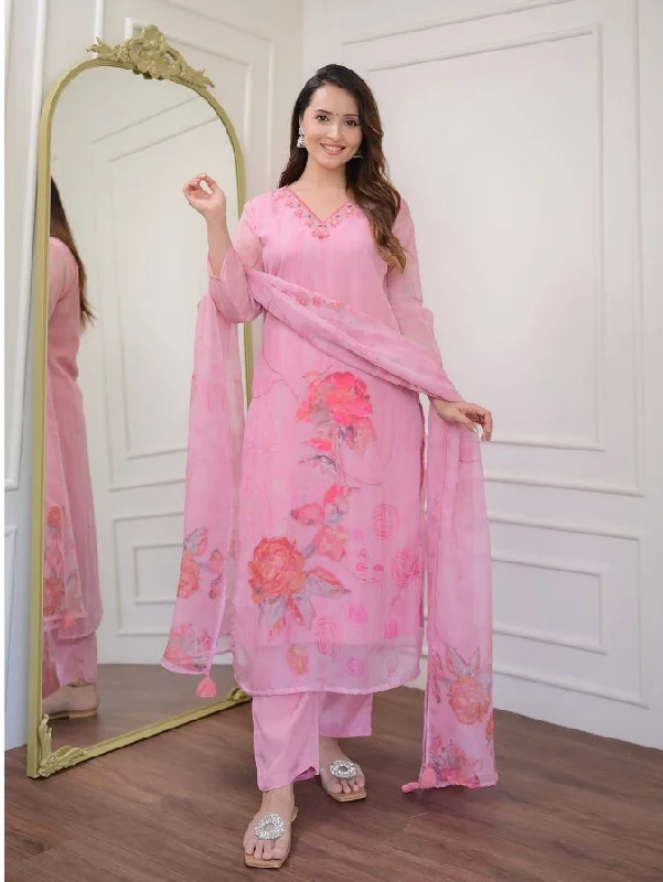NOZ2TOZ Women Party Wear Flower Printed Designer Kurta With Pant And Dupatta Set - Pink Soft Stretch Trousers NOZ2TOZ Women Party Wear Flower Printed Designer Kurta With Pant And Dupatta Set - Pink Soft Stretch Trousers