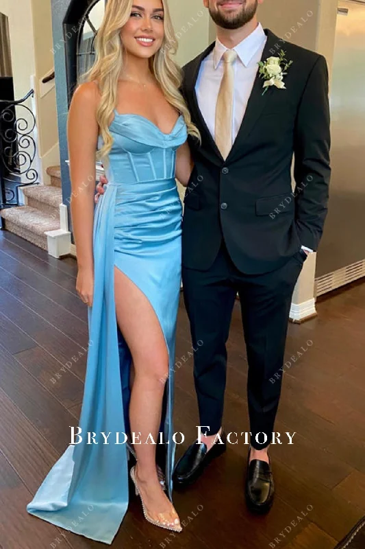 Sky Blue Cowl Neck Corset Custom Slit Satin Prom Formal Dress Pencil Office Professional Sky Blue Cowl Neck Corset Custom Slit Satin Prom Formal Dress Pencil Office Professional