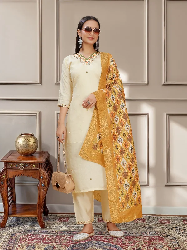 NOZ2TOZ Women Party Wear Embroidery Worked Kurta With Pant And Dupatta Set - Off White Trendy Work Pants NOZ2TOZ Women Party Wear Embroidery Worked Kurta With Pant And Dupatta Set - Off White Trendy Work Pants