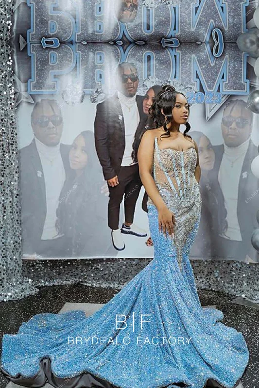 Illusion Corset Sleeveless Sky Blue Sequin Mermaid Prom Dress Tunics Prom sequined