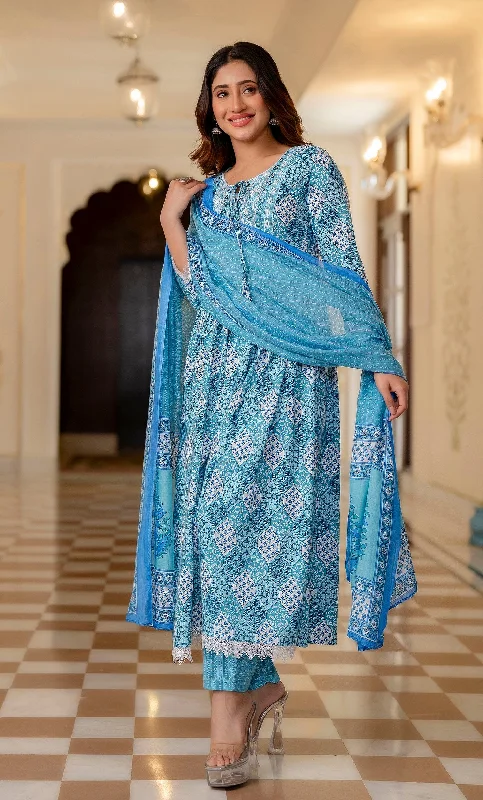 NOZ2TOZ Women Sky Blue Printed Viscose Rayon Kurta, Pant And Dupatta Set Casual Plaid Pants NOZ2TOZ Women Sky Blue Printed Viscose Rayon Kurta, Pant And Dupatta Set Casual Plaid Pants