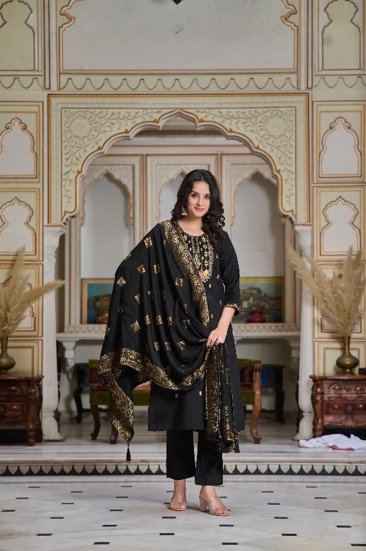 NOZ2TOZ Women Party Wear Embroidery Worked Kurta With Pant And Dupatta Set - Black Cozy Maternity Pants NOZ2TOZ Women Party Wear Embroidery Worked Kurta With Pant And Dupatta Set - Black Cozy Maternity Pants