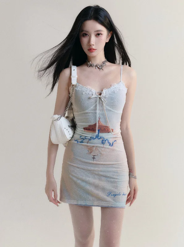 Whimsical Beach Print Spaghetti Strap Mini Dress with Lace Trim Fashionable Boho-Chic Mini Dress