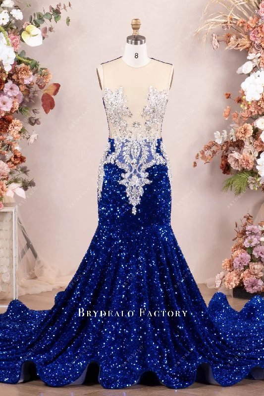 Sparkly Royal Blue Velvet Sequin Mermaid Prom Dress Crew Neckline Casual
