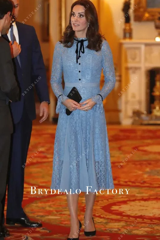Kate Middleton Ice Blue Lace Dress World Mental Health Day 2017 Elegant Long Evening