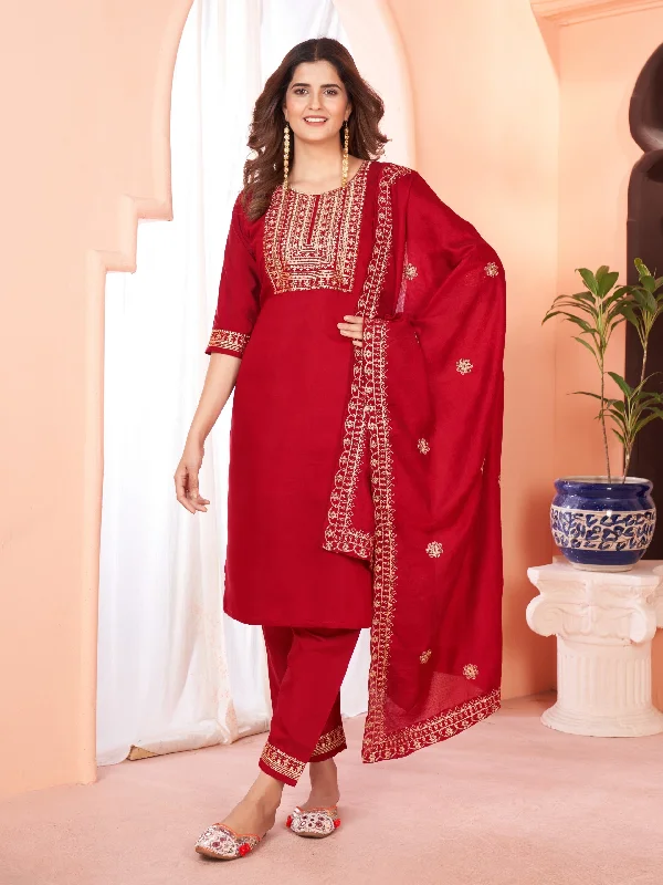 NOZ2TOZ Women Party Wear Embroidery Worked Kurta With Pant And Dupatta Set - Maroon Elegant Dress Pants NOZ2TOZ Women Party Wear Embroidery Worked Kurta With Pant And Dupatta Set - Maroon Elegant Dress Pants