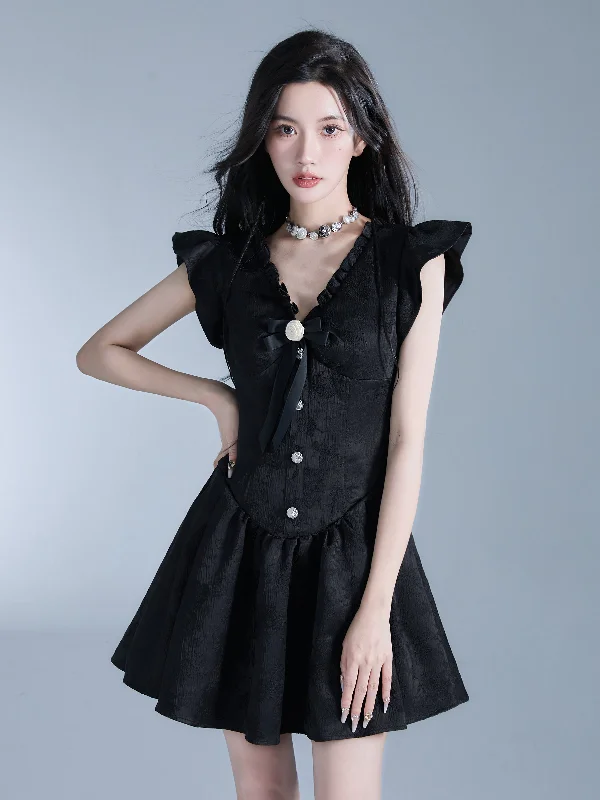 Vintage-Inspired Black Flutter Sleeve Mini Dress with Button Front Chic Tropical Mini Dress Vintage-Inspired Black Flutter Sleeve Mini Dress with Button Front Chic Tropical Mini Dress