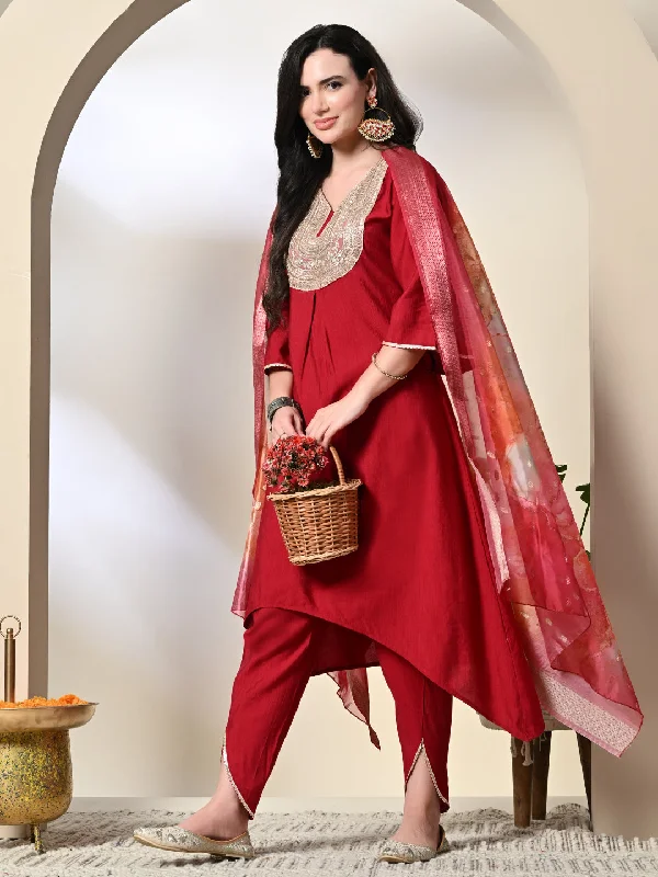 Myshka Women's Embroidered V-Neck Bell Sleeves Kurta & Dhoti Pants With Printed Dupatta Sets in Red Color Elegant Dress Pants Myshka Women's Embroidered V-Neck Bell Sleeves Kurta & Dhoti Pants With Printed Dupatta Sets in Red Color Elegant Dress Pants