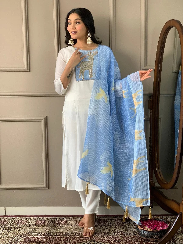 NOZ2TOZ Women Party Wear Embroidery Worked Kurta With Pant And Dupatta Set - Off White Casual Drawstring Pants NOZ2TOZ Women Party Wear Embroidery Worked Kurta With Pant And Dupatta Set - Off White Casual Drawstring Pants
