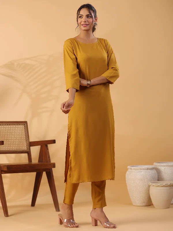 NOZ2TOZ Women Party Wear Viscose Rayon Straight Cut Kurta With Pant - Mustard Elegant Trouser Pants NOZ2TOZ Women Party Wear Viscose Rayon Straight Cut Kurta With Pant - Mustard Elegant Trouser Pants