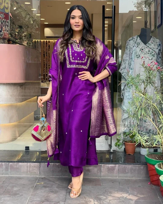 NOZ2TOZ Women Party Wear Embroidery Worked Kurta With Pant And Dupatta Set - Purple Comfortable Denim Pants NOZ2TOZ Women Party Wear Embroidery Worked Kurta With Pant And Dupatta Set - Purple Comfortable Denim Pants