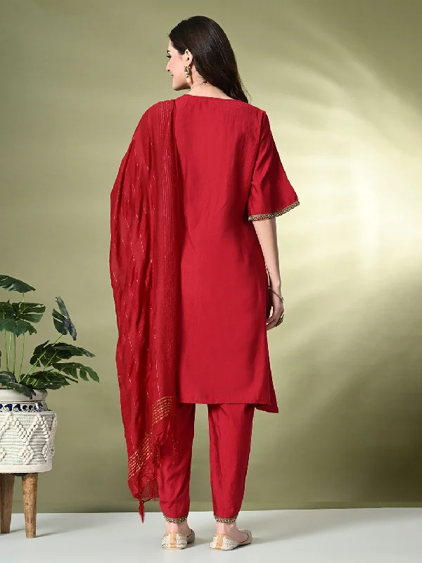 Myshka Women's Solid V-Neck Bell Sleeves Kurta & Dhoti Pants With Dupatta Sets in Red Color Casual Track Pants