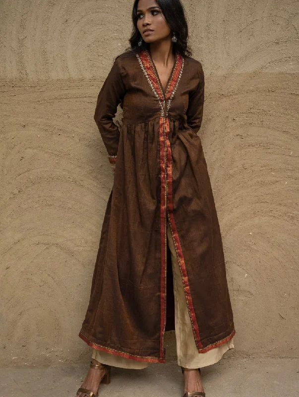 Traditional Elegance. Hand Embroidered Ilkal & Zardozi Ethnic Kurta / Dress - Brown Statement Tunic Top Casual Traditional Elegance. Hand Embroidered Ilkal & Zardozi Ethnic Kurta / Dress - Brown Statement Tunic Top Casual