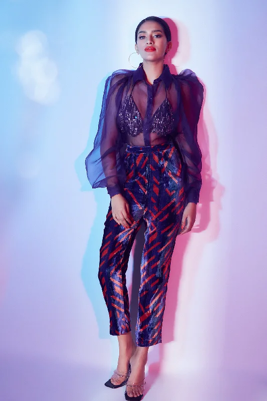 Deep Violet and Burnt Orange Velvet Cigarette Pants Comfortable Denim Trousers