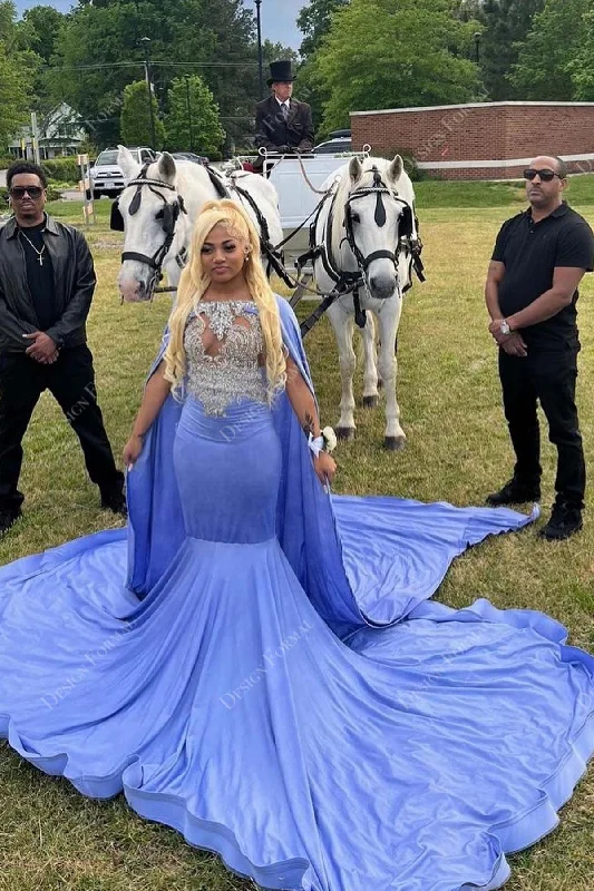 Crystals Blue Jersey Mermaid Long Train Prom Dress with Cape Tunics New arrival