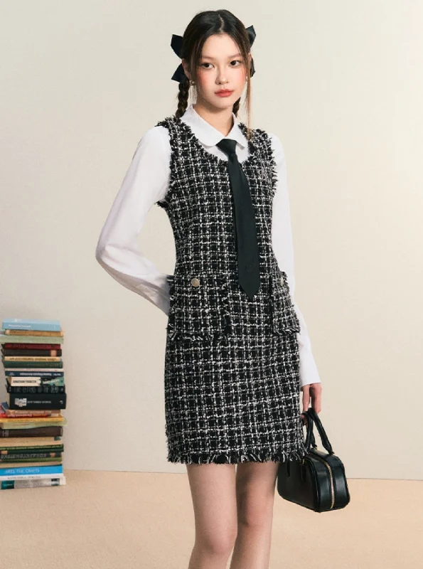 Tweed Sleeveless Mini Dress: Frayed Edge Shift Dress with Front Pockets Fashionable Summer Mini Dress Tweed Sleeveless Mini Dress: Frayed Edge Shift Dress with Front Pockets Fashionable Summer Mini Dress