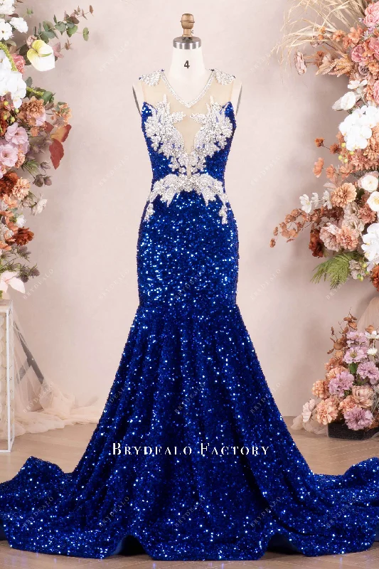 Royal Blue Sparkly Rhinestone Velvet Sequin Mermaid Prom Dress Boat Neckline Classic