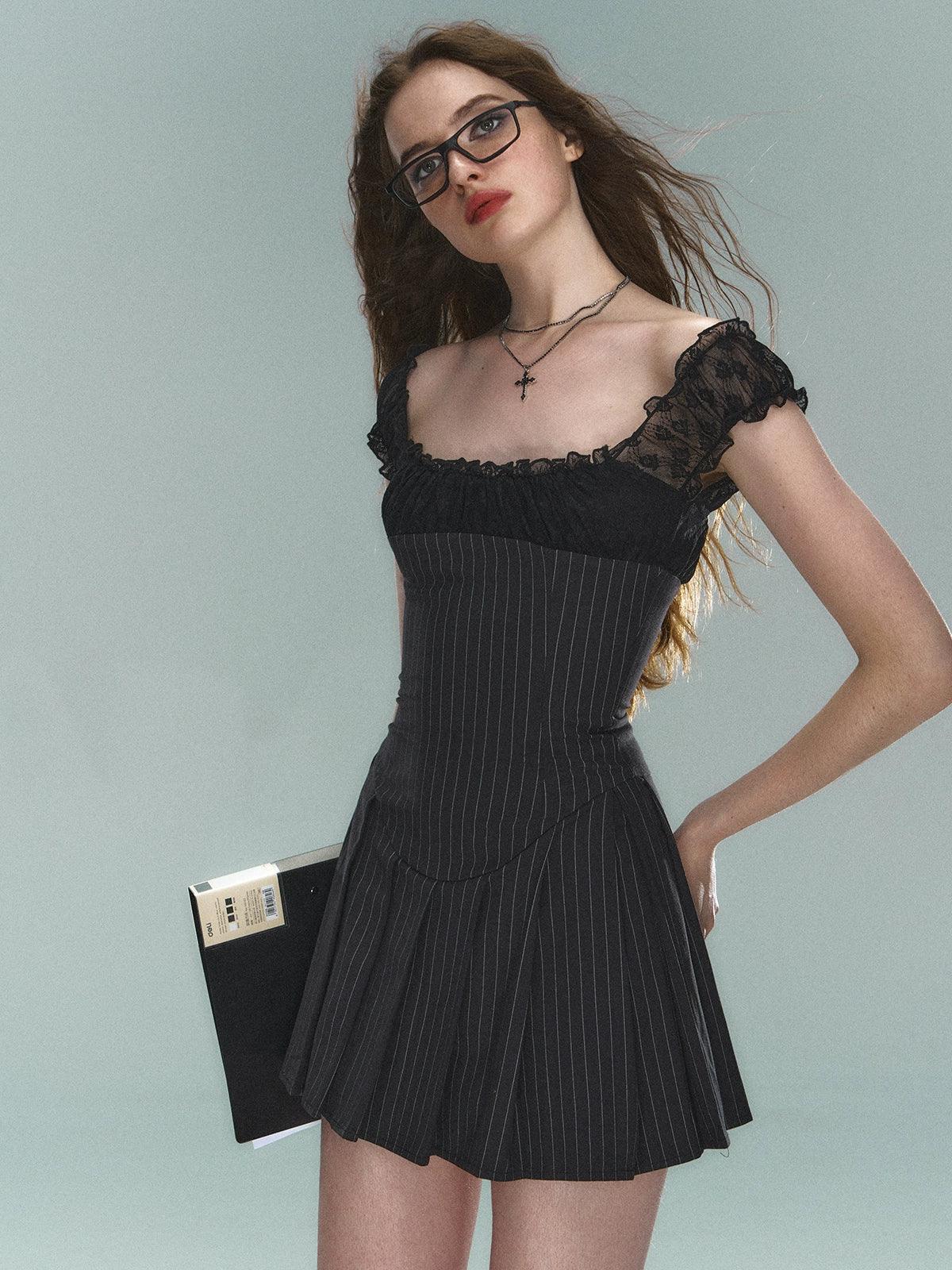 Pinstripe Lace-Trim Mini Dress - Women'S Cap Sleeve Square Neck Fit And Flare Cocktail Dress Trendy Button-Detail Mini Dress Pinstripe Lace-Trim Mini Dress - Women'S Cap Sleeve Square Neck Fit And Flare Cocktail Dress Trendy Button-Detail Mini Dress