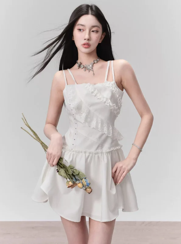 Romantic Eyelet Lace Mini Dress - White Summer Spaghetti Strap Sundress Trendy Lace Mini Dress
