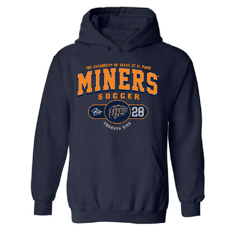 UTEP - NCAA Women's Soccer : Emerson Kidd - Navy Classic Fashion Shersey Hooded Sweatshirt Hoodie with Monochrome Minimalist Simple UTEP - NCAA Women's Soccer : Emerson Kidd - Navy Classic Fashion Shersey Hooded Sweatshirt Hoodie with Monochrome Minimalist Simple