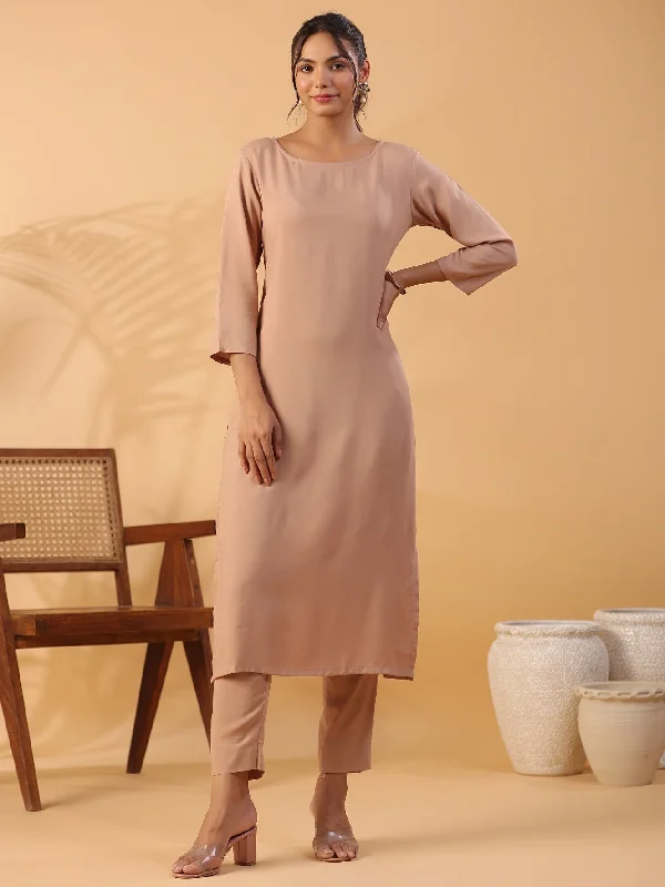 NOZ2TOZ Women Party Wear Viscose Rayon Straight Cut Kurta With Pant - Beige Classic Cropped Pants NOZ2TOZ Women Party Wear Viscose Rayon Straight Cut Kurta With Pant - Beige Classic Cropped Pants