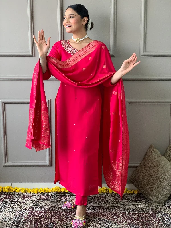 NOZ2TOZ Women Party Wear Embroidery Worked Kurta With Pant And Dupatta Set - Red Fashionable Button-Up Pants NOZ2TOZ Women Party Wear Embroidery Worked Kurta With Pant And Dupatta Set - Red Fashionable Button-Up Pants