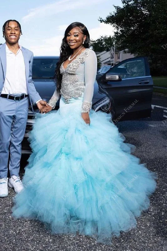 Rhinestones Embellished Sky Blue Tulle Handmade Trumpet Prom Dress Tunics Bridal satin Rhinestones Embellished Sky Blue Tulle Handmade Trumpet Prom Dress Tunics Bridal satin