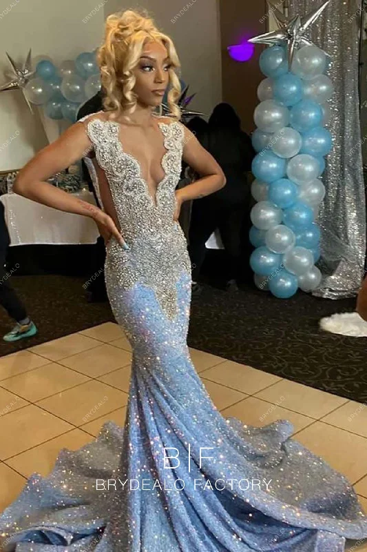 Sparkly Sequin Rhinestone Plunging Neck Mermaid Prom Dress Tunics Wedding white